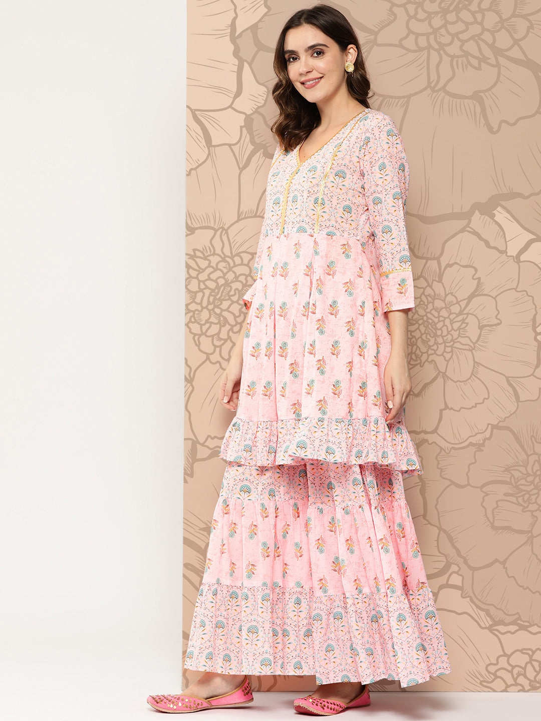 Kalini Floral Printed Gotta Patti Pure Cotton Kurta with Sharara & Dupatta - Distacart