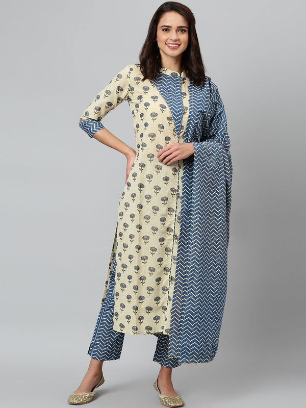 Khushal K Women Beige Floral Printed Regular Gotta Patti Pure Cotton Kurta with Trousers & With Dupatta - Distacart