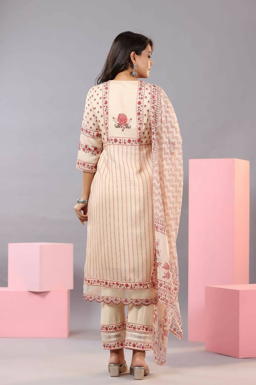 Juniper Women Ecru Muslin Floral Printed Kurta, Pants and Dupatta Set - Distacart