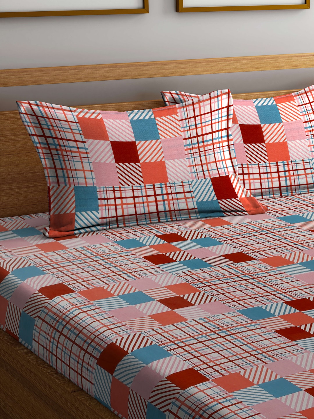 BOMBAY DYEING Marigold Pink Geometric Cotton 104 TC King Bedsheet & 2 Pillow Covers - Distacart