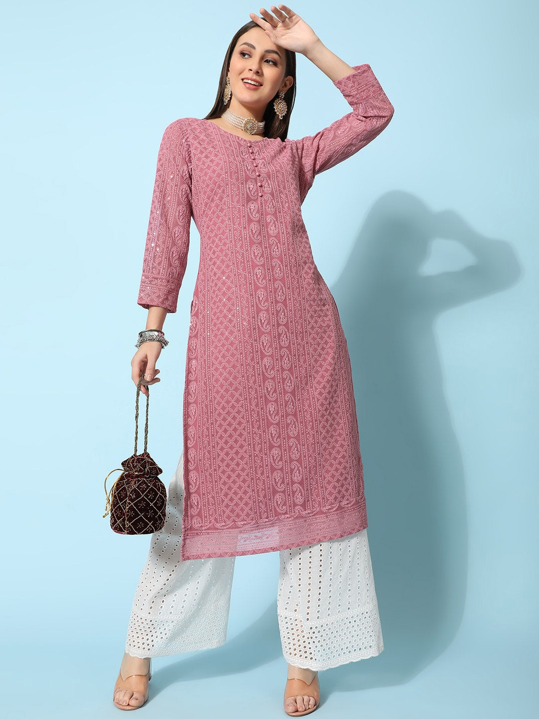 Kalini Ethnic Motifs Embroidered Chikankari Georgette Kurta - Distacart