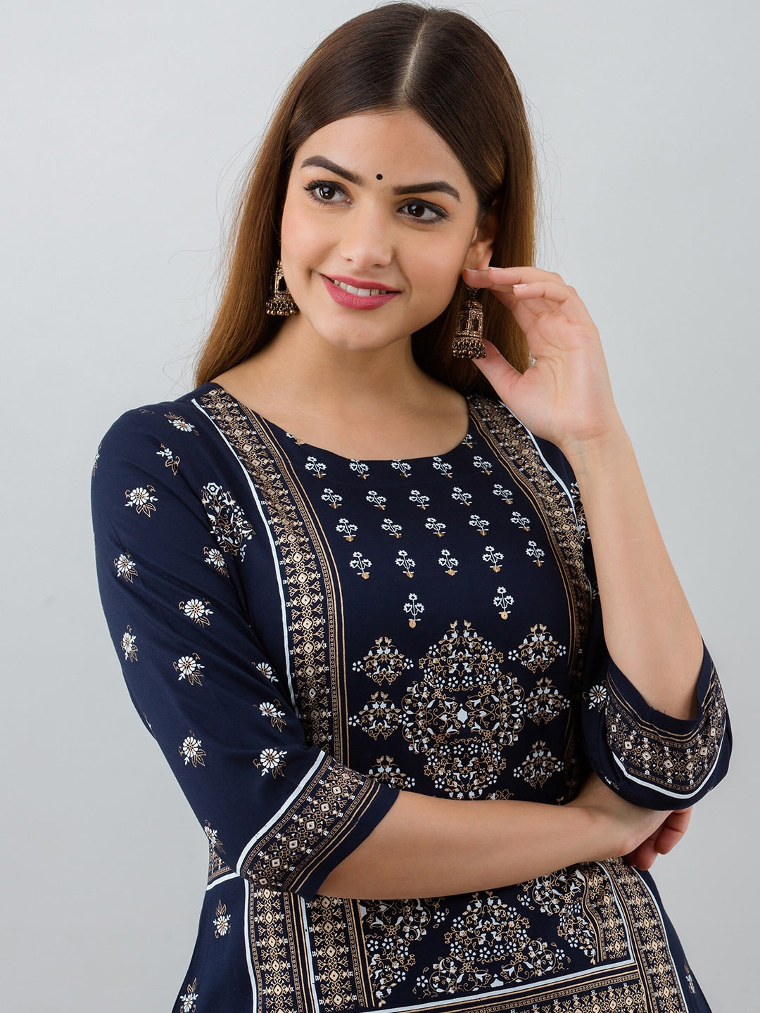 HERE&NOW Navy Blue Ethnic Motifs Printed Kurta with Trousers - Distacart