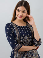 Thumbnail for HERE&NOW Navy Blue Ethnic Motifs Printed Kurta with Trousers - Distacart