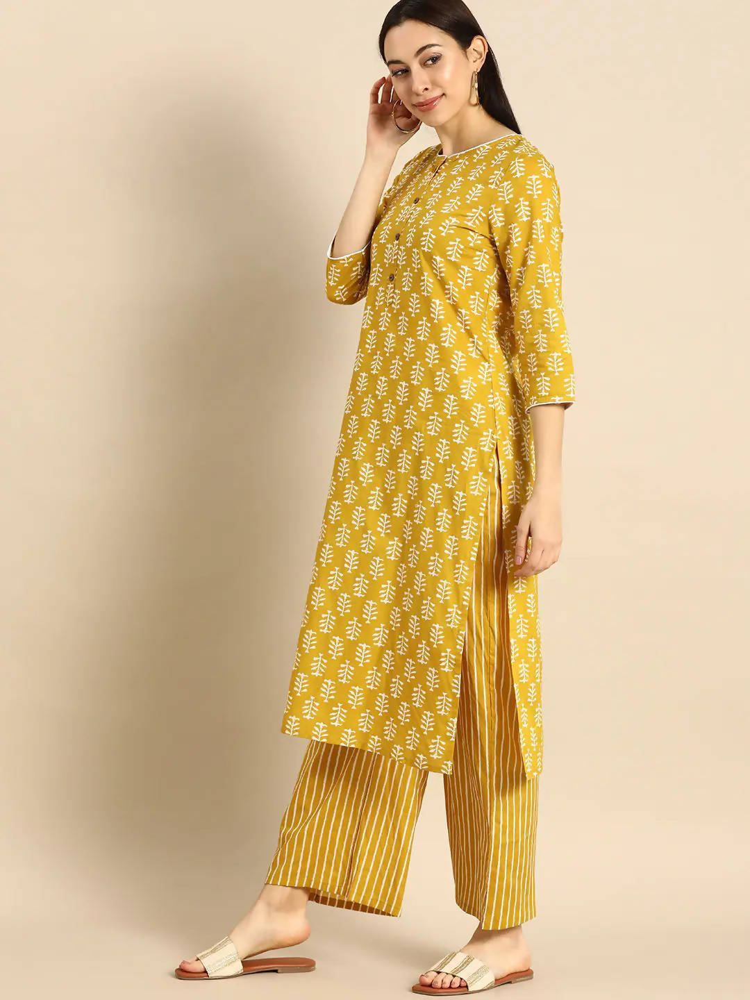 Vamika Printed Cotton Yellow Party Wear/Casual Wear Kurta Set/Suit - Distacart