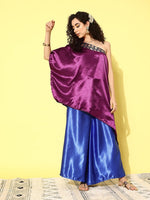 Thumbnail for InWeave Women's Wine Navy Brocade Satin Oneshoulder Blue Palazzo Set - Distacart