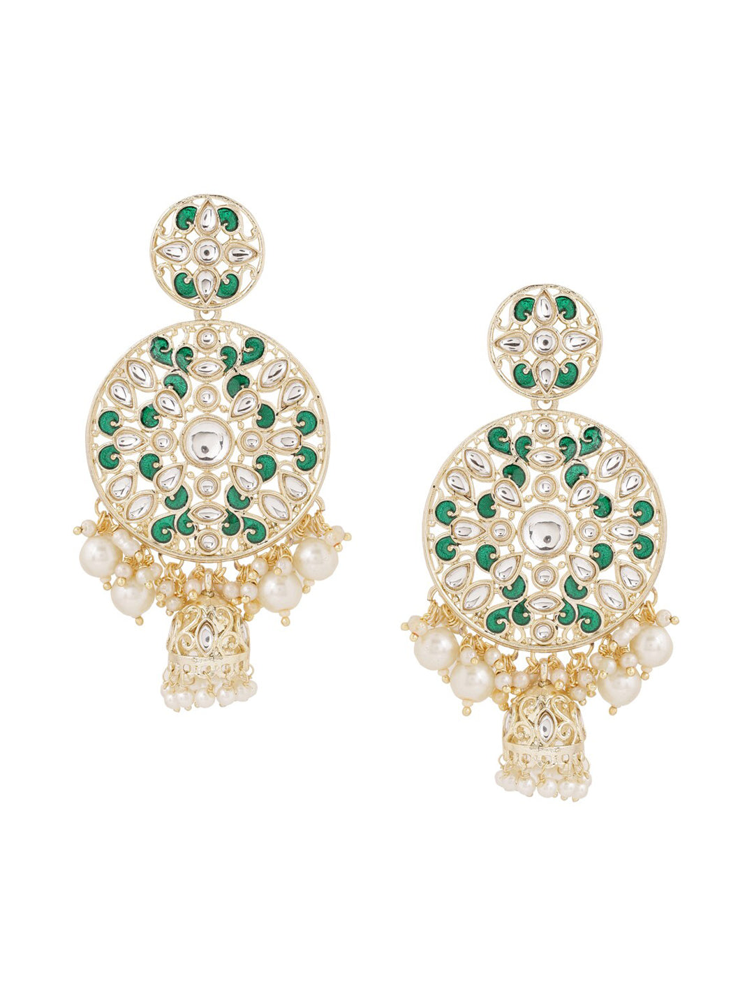 Shoshaa Green & Gold-Plated Kundan Studded Contemporary Jhumkas Earrings - Distacart