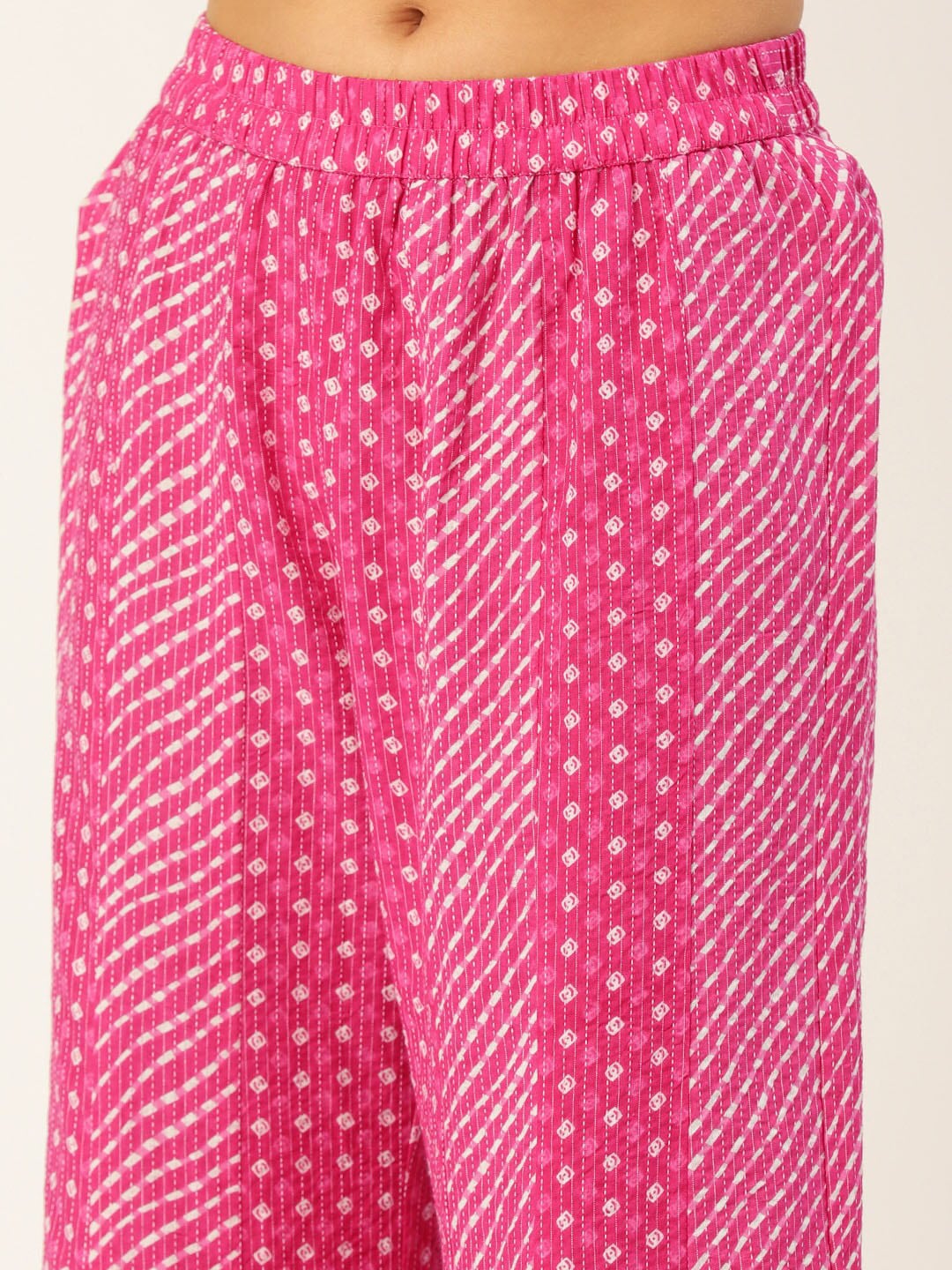 HERE&NOW Women Pink Leheriya Printed Pure Cotton Kurti With Palazzo And Dupatta - Distacart