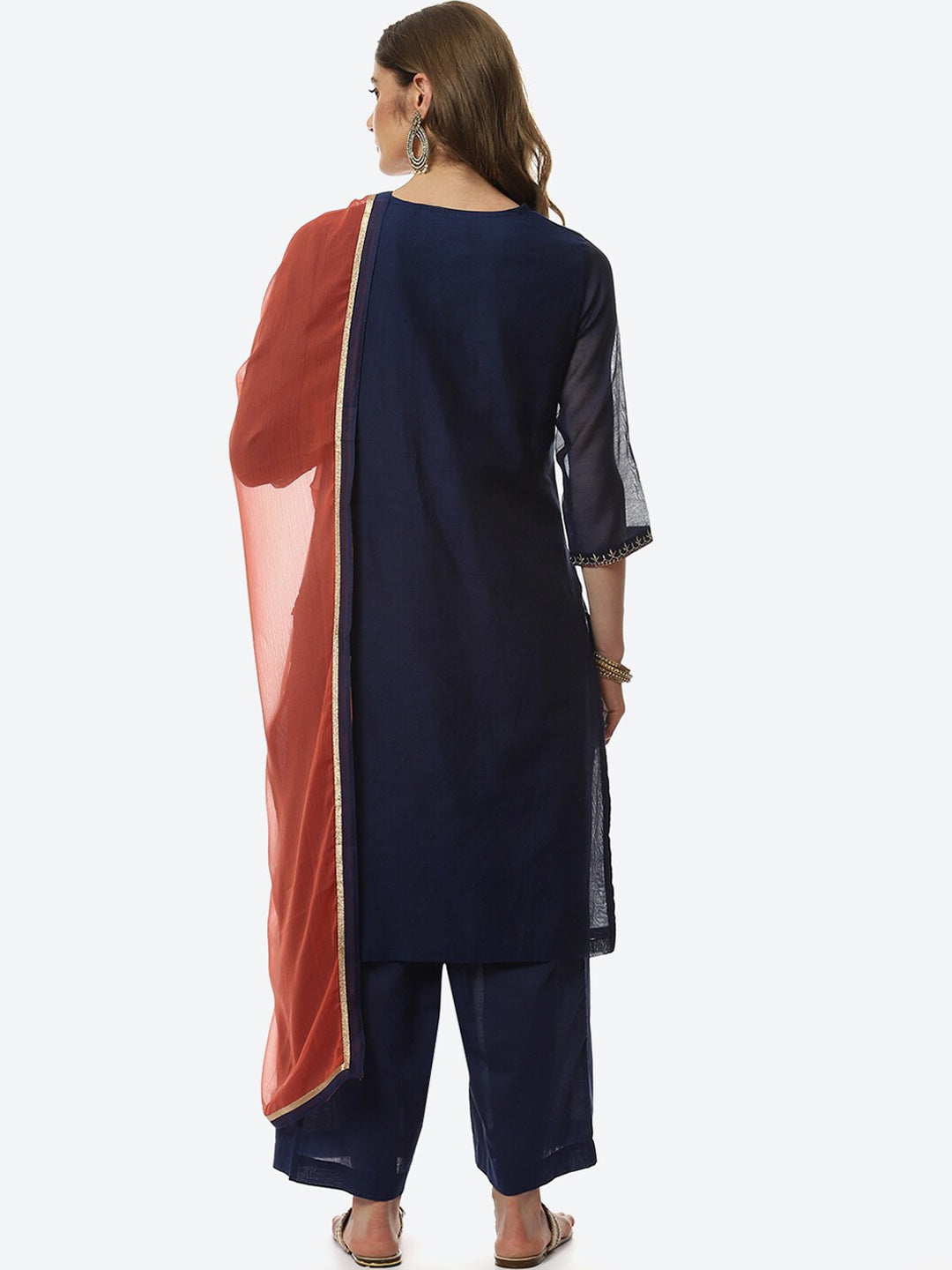 Biba Women Navy Blue Floral Embroidered Kurta with Trousers & With Dupatta - Distacart