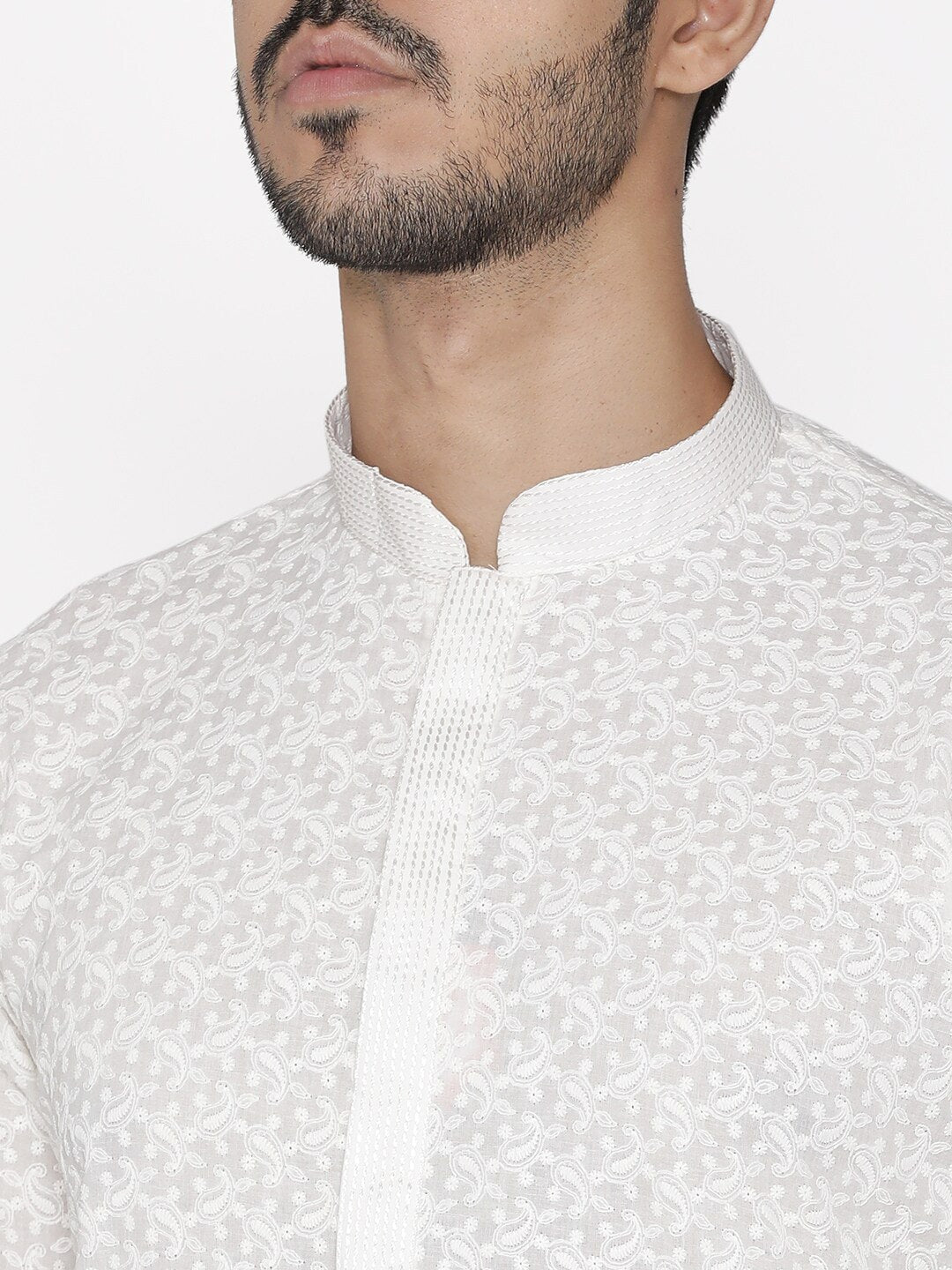 Manyavar Men White Embroidered Kurta with Churidar - Distacart