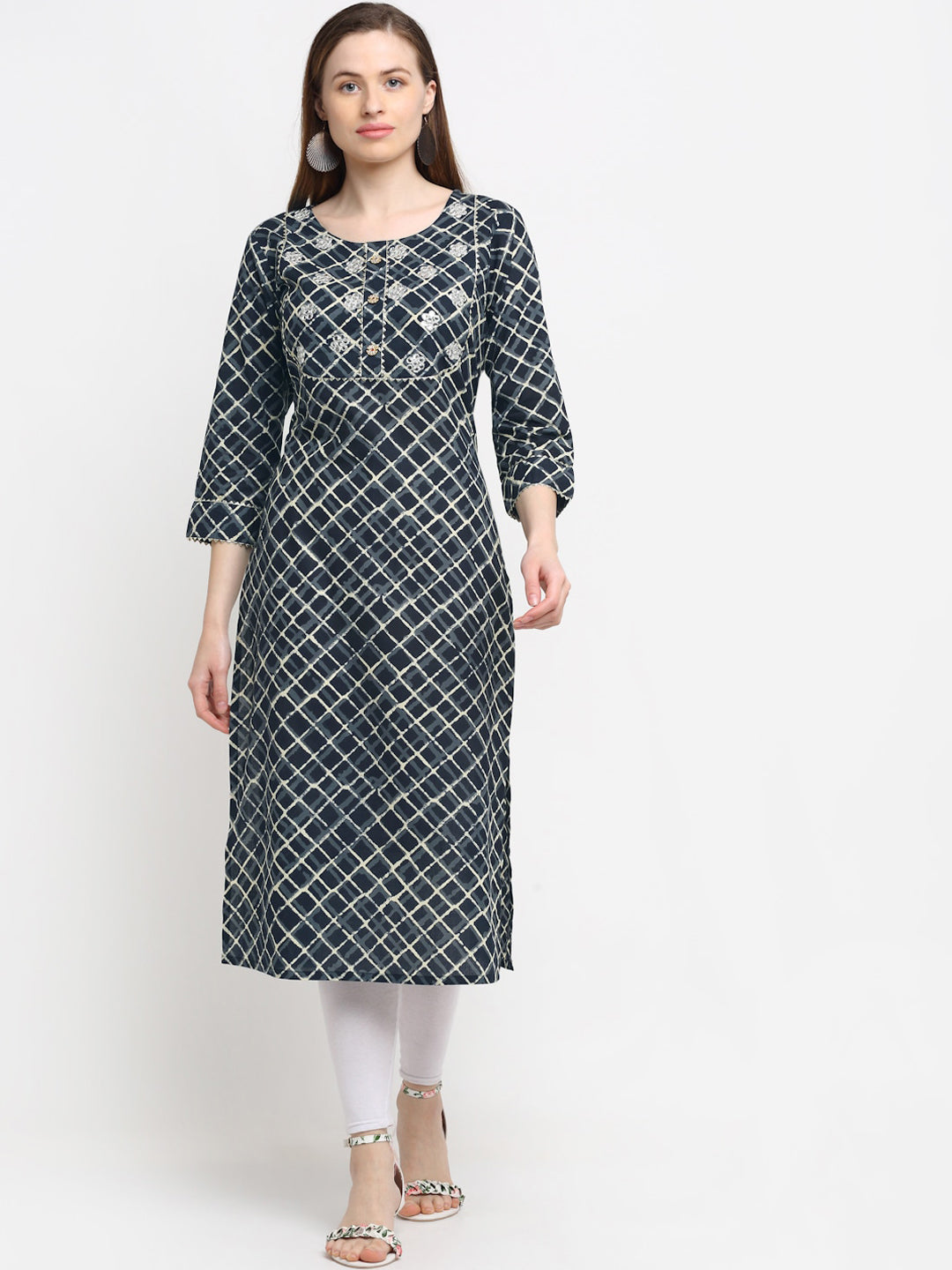 Kalini Women Black Geometric Checked Thread Work Straight Kurta - Distacart