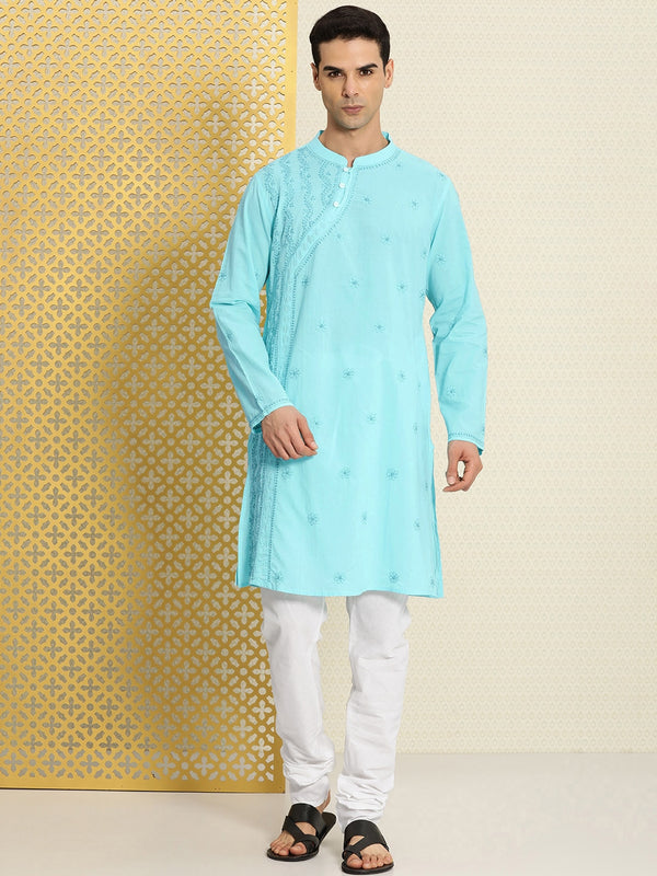 House of Pataudi Men Pure Cotton Embroidered Chikankari Jashn Kurta with Churidar - Distacart