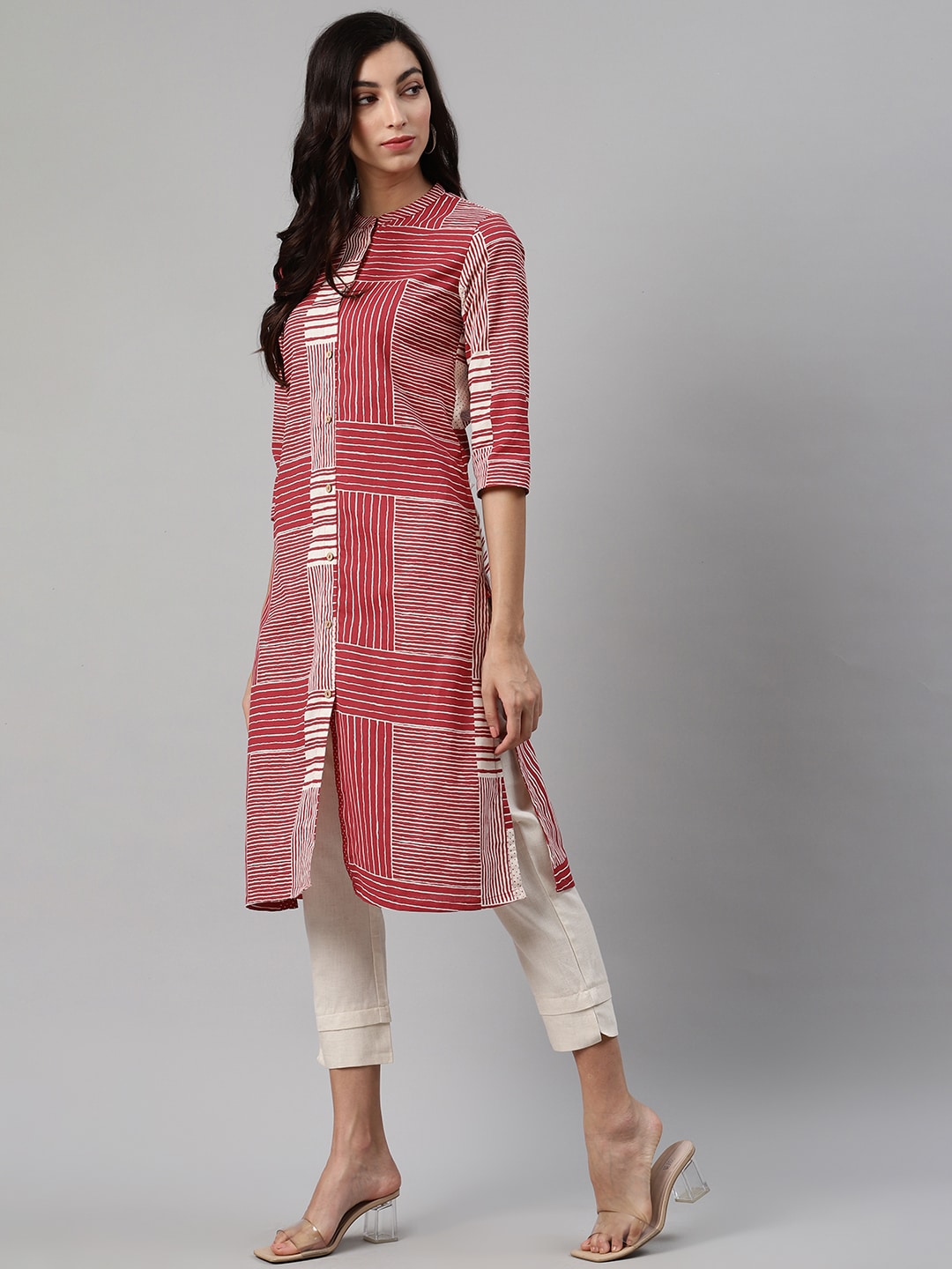 Biba Women Maroon & Off-White Striped Kurta with Trousers - Distacart