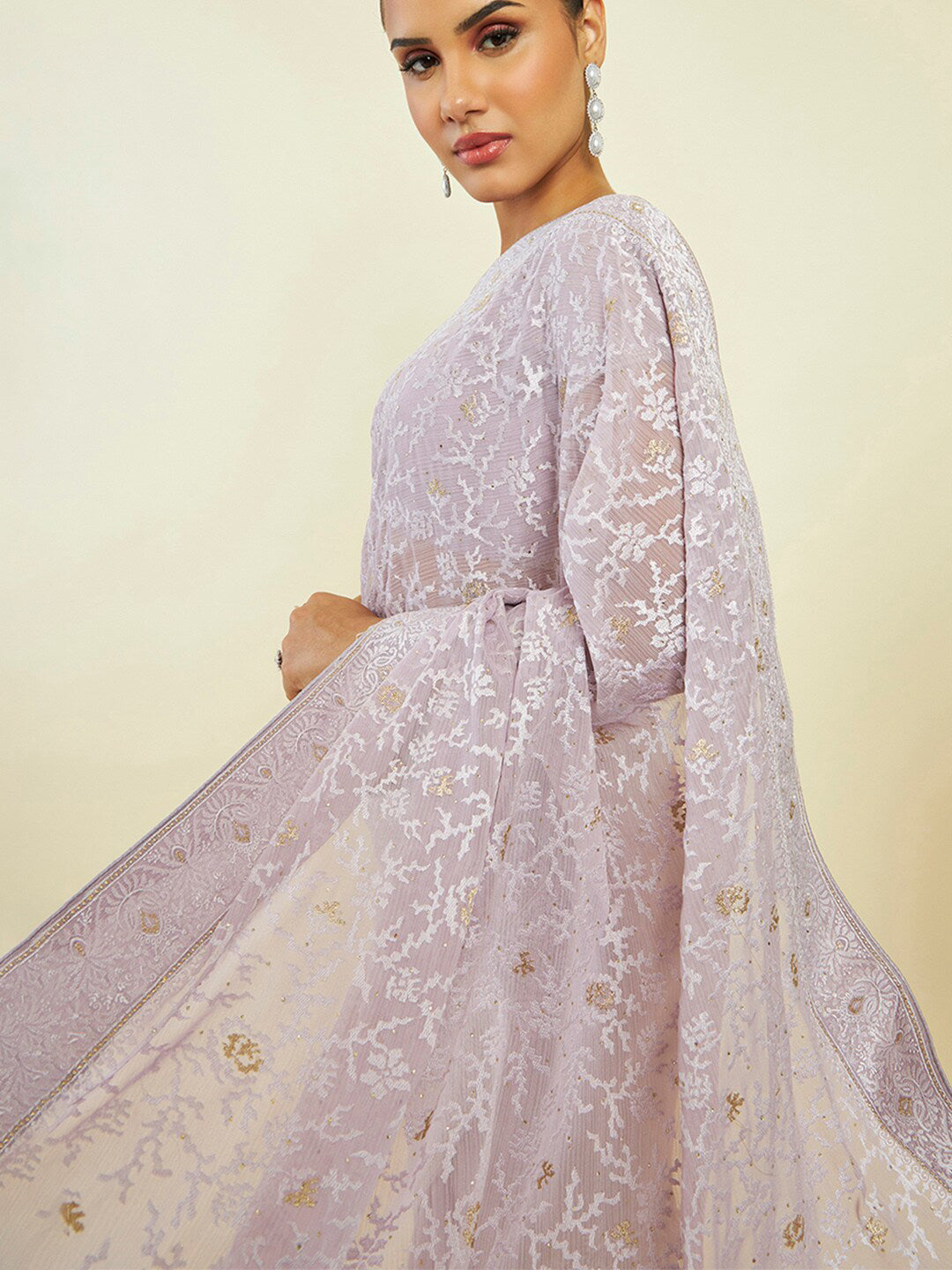 Soch Floral Embroidered Pure Chiffon Saree - Distacart