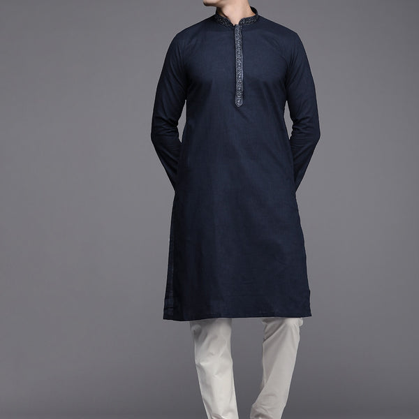 Manyavar Men Blue Solid Pure Cotton Kurta with Churidar - Distacart