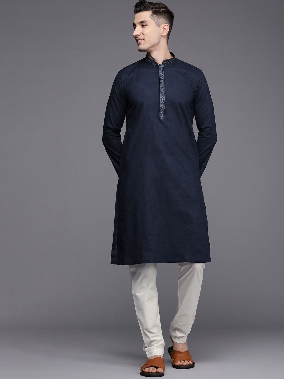 Manyavar Men Blue Solid Pure Cotton Kurta with Churidar - Distacart