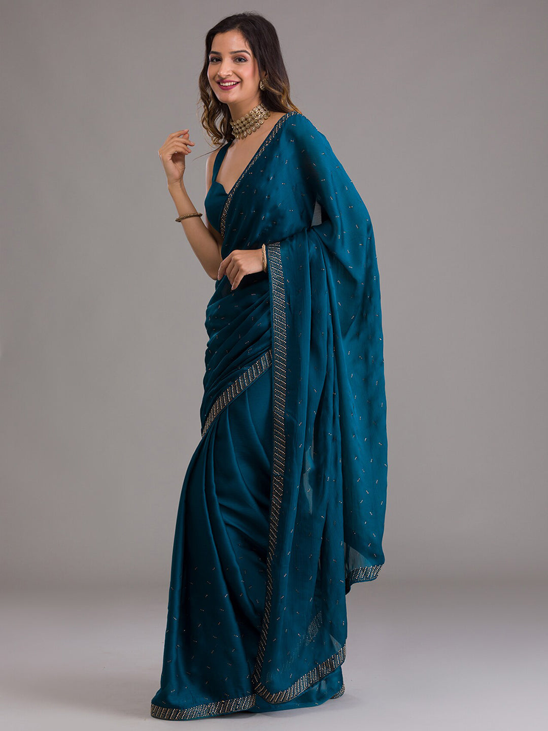 Koskii Blue & Gold-Toned Embellished Beads and Stones Saree - Distacart