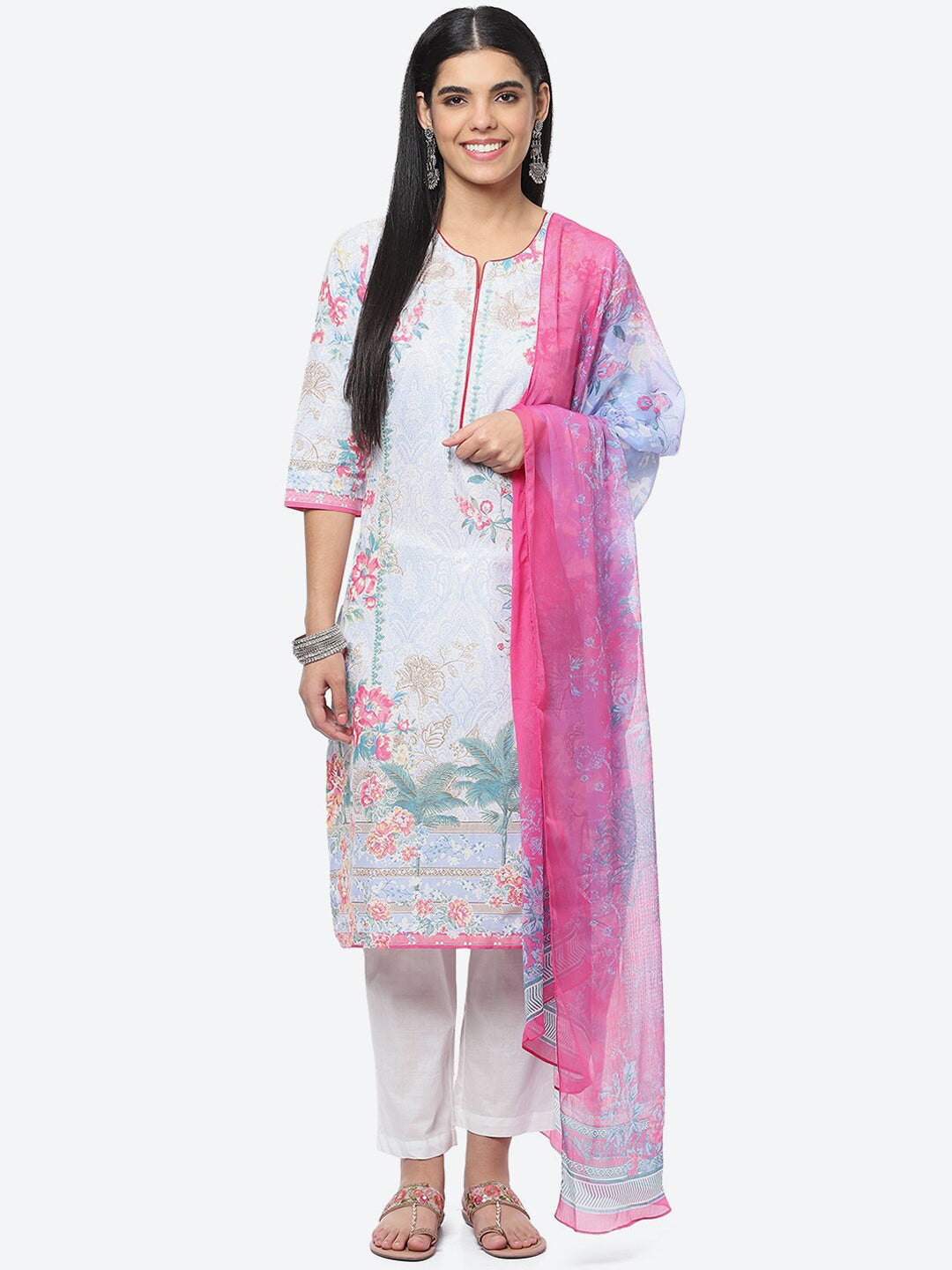 Biba Women Floral Printed Kurta With Trousers & Dupatta - Distacart