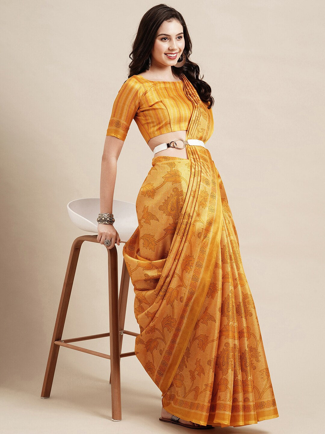 Saree Mall Yellow Floral Printed Bhagalpuri Saree - Distacart