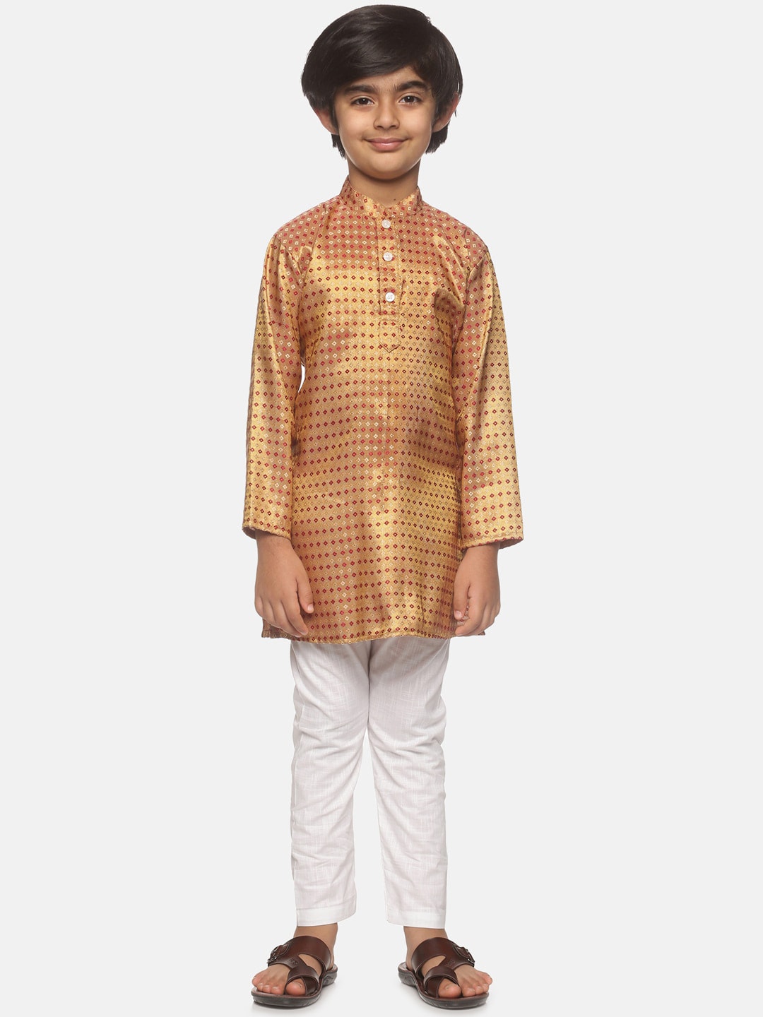 Sethukrishna Boys Gold-Toned & Red Printed Kurta with Pyjamas - Distacart