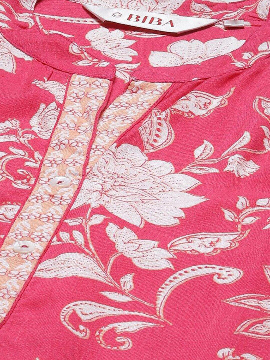 Biba Mandarin Collar Floral Printed A-Line Kurta - Distacart