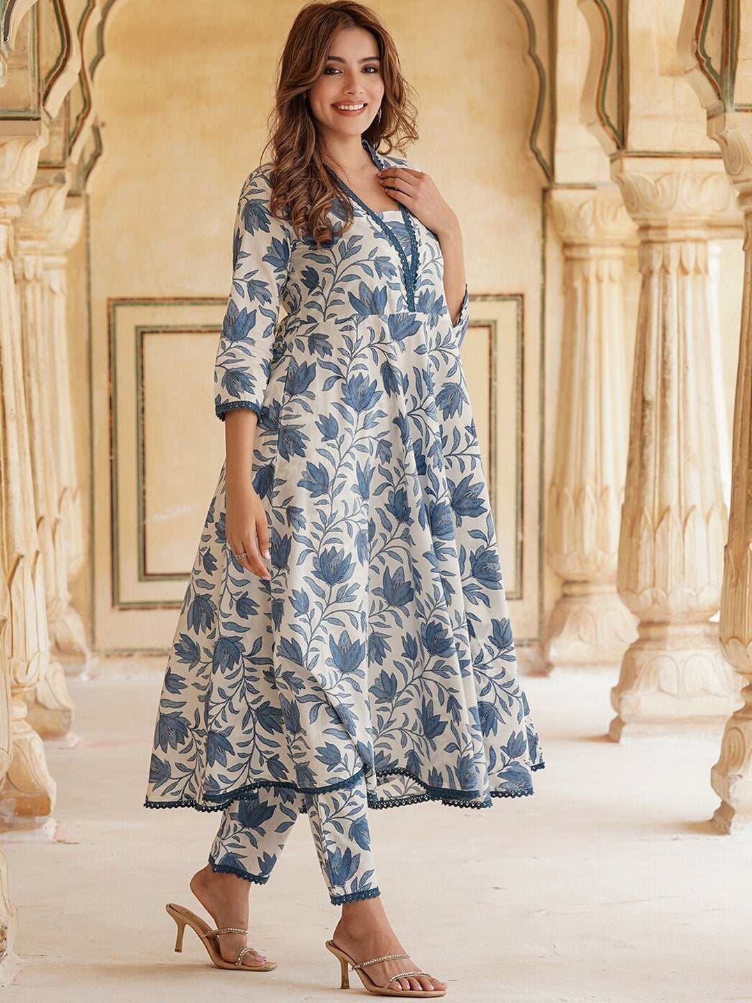 Kalini Floral Printed Anarkali Pure Cotton Kurta with Trousers & With Dupatta - Distacart