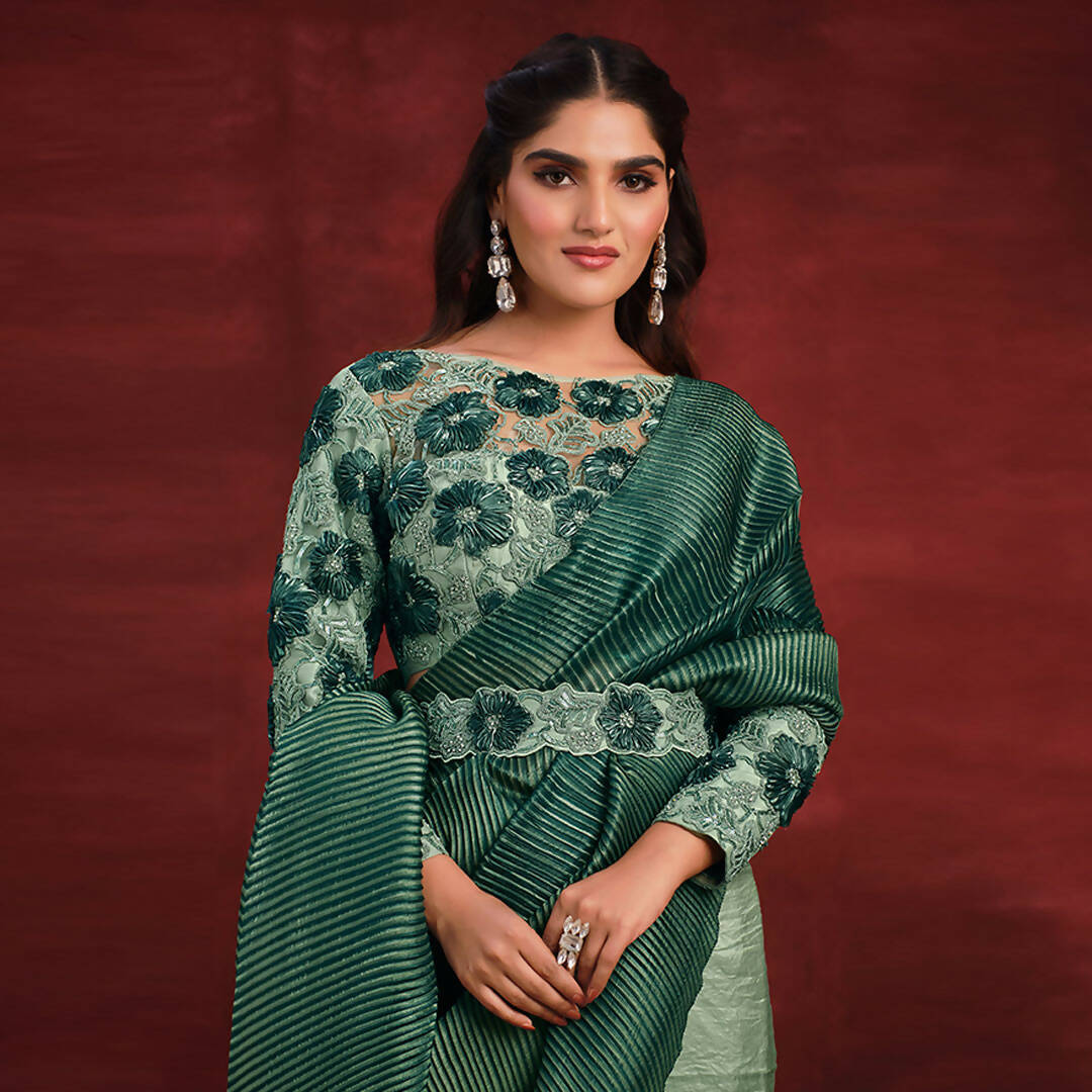 Sea Green Banarasi Crush Silk Sequence Thread & Stone Work/ Texture Pallu Saree - Mohmanthan Kimiya - Distacart