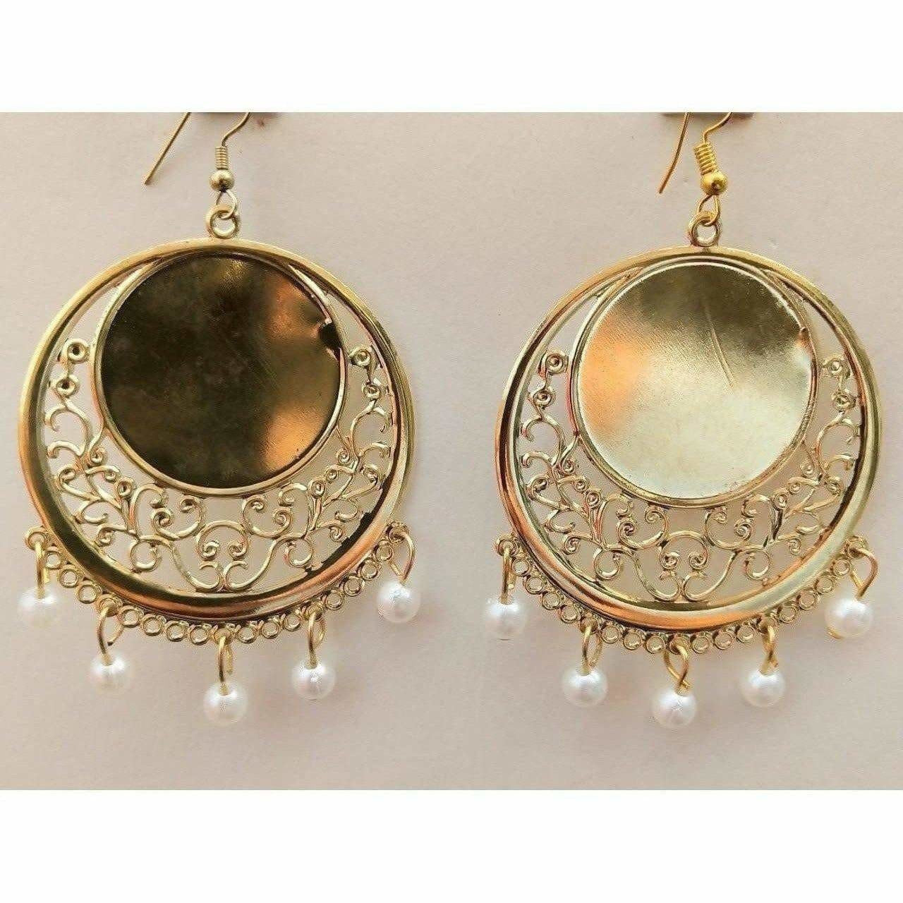 White Glass Pearl Gold Plated Mirror Bridal Wear Chandbali Earrings