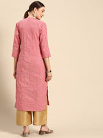 Thumbnail for Sangria Women Peach-Coloured & White Striped Mandarin Collar Kurta - Distacart