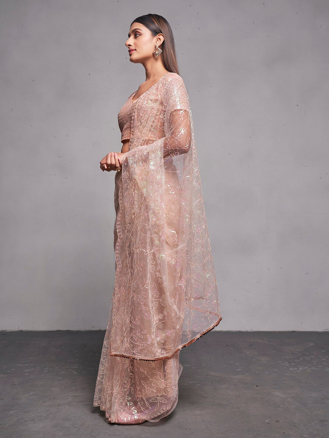 Mitera Peach-Coloured & Silver-Toned Ethnic Motifs Embroidered Net Saree - Distacart