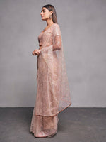 Thumbnail for Mitera Peach-Coloured & Silver-Toned Ethnic Motifs Embroidered Net Saree - Distacart
