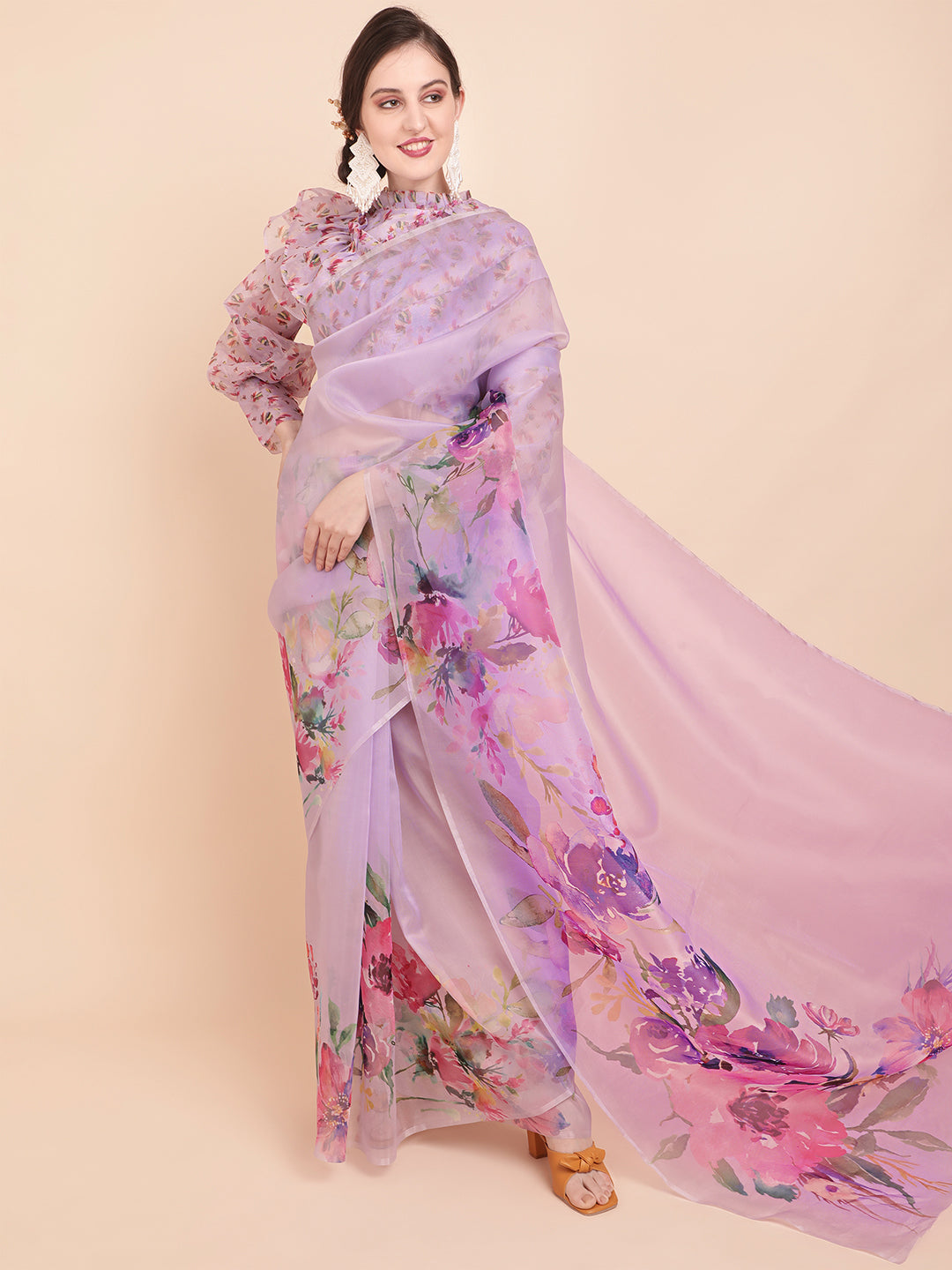 Sangria Lavender & Green Floral Organza Saree - Distacart