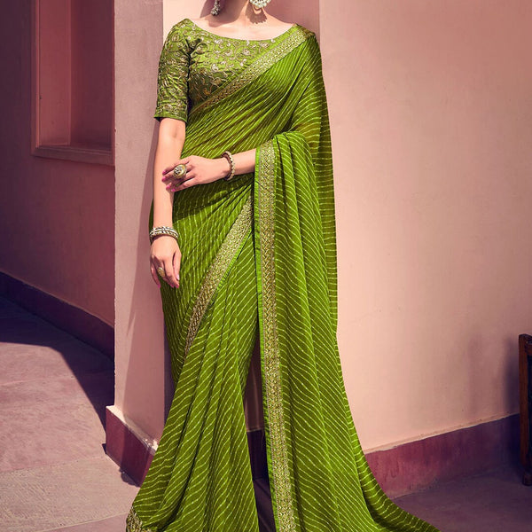 Mitera Green & White Leheriya Printed Embroidered Poly Georgette Leheriya Saree - Distacart