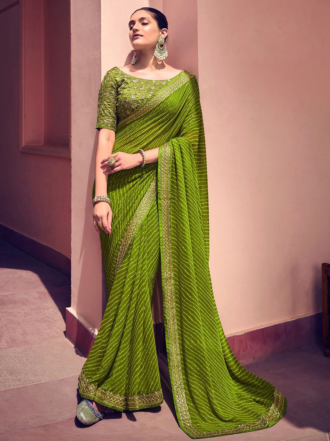 Mitera Green & White Leheriya Printed Embroidered Poly Georgette Leheriya Saree - Distacart