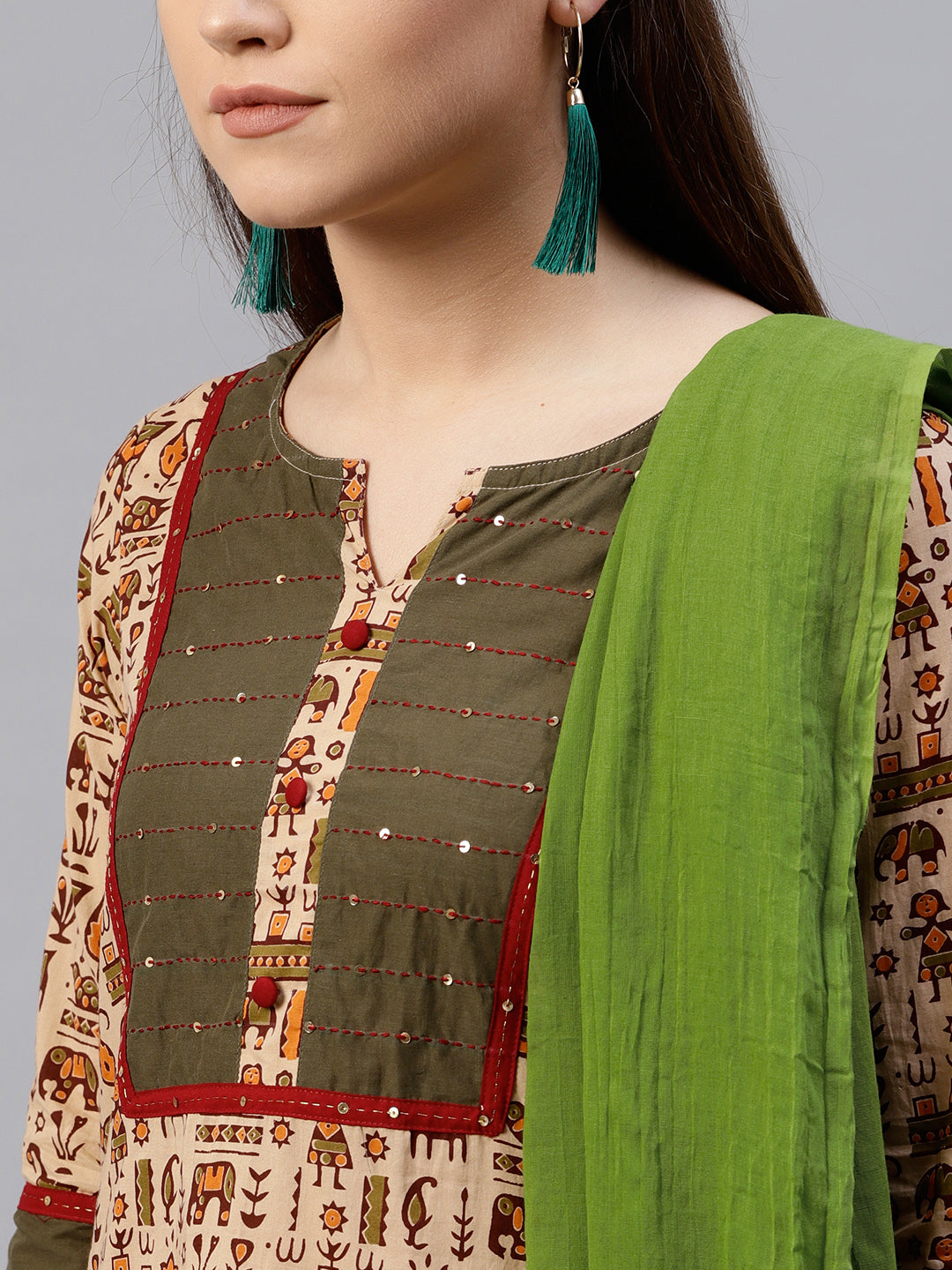 Jaipur Kurti Women Beige & Green Printed Kurta with Salwar & Dupatta - Distacart