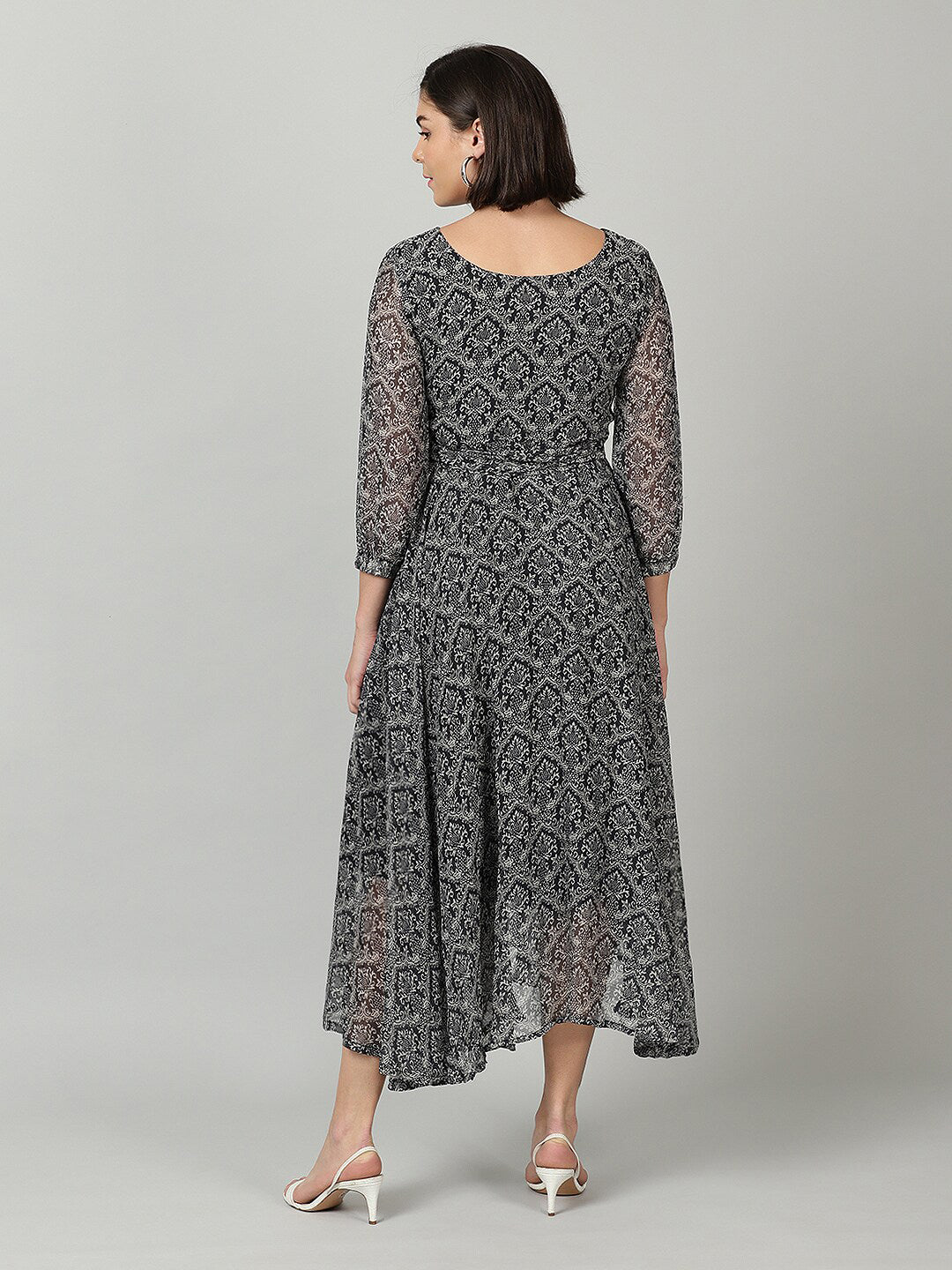 Souchii Women Grey & Black Ethnic Motifs Chiffon A-Line Midi Dress - Distacart