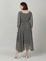 Thumbnail for Souchii Women Grey & Black Ethnic Motifs Chiffon A-Line Midi Dress - Distacart
