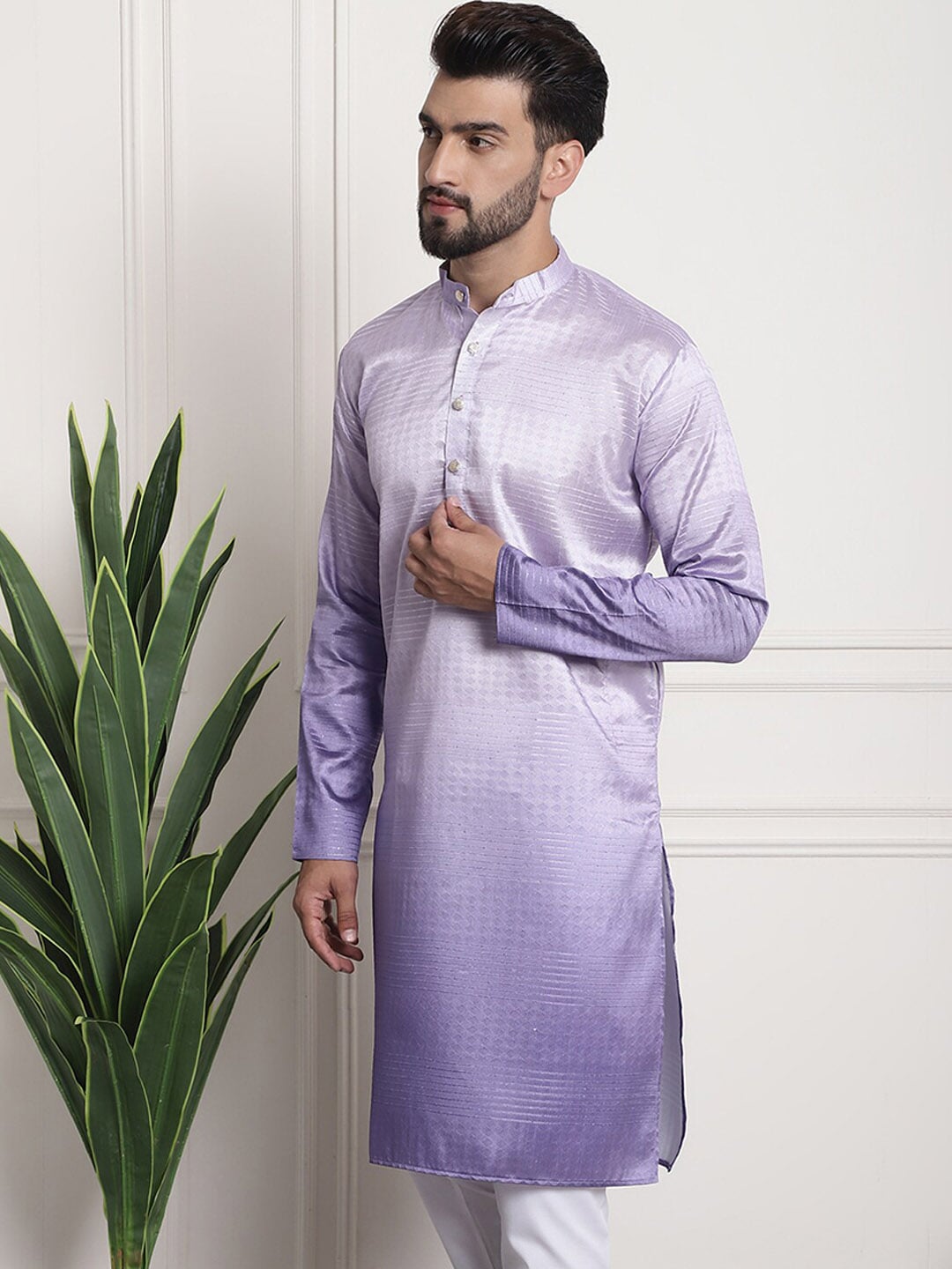 Sojanya Woven Design Mandarin Collar Silk Cotton Kurta - Distacart