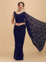 Thumbnail for Sangria Navy Blue Sequinned Pure Georgette Saree - Distacart