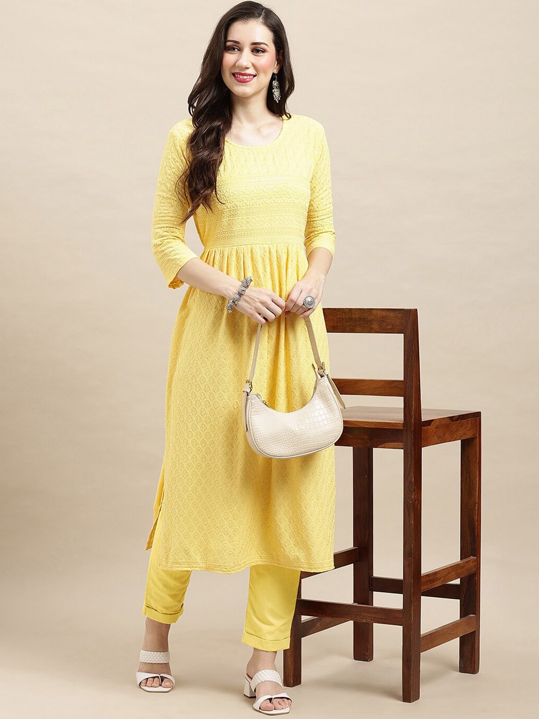 Sangria Yellow Ethnic Motifs Embroidered Chikankari A-Line Kurta - Distacart