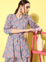 Thumbnail for InWeave Women's Blue Pink Ogee Print Belted Coord Set - Distacart