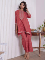 Thumbnail for HERE&NOW Embroidered Ethnic Motifs Printed Mirror Work Asymmetric Kurti with Palazzos - Distacart