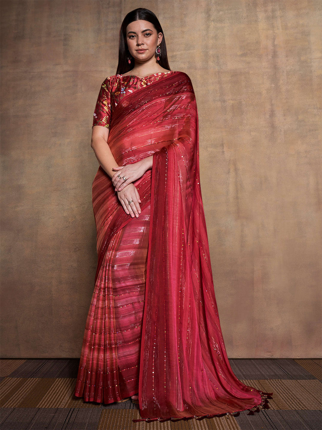 Mitera Maroon & Gold-Toned Striped Sequinned Pure Chiffon Saree - Distacart