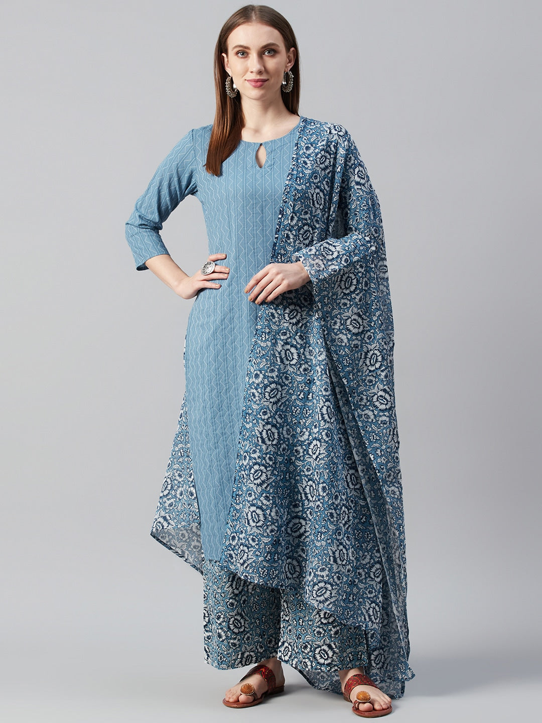 Anayna Women Blue & White Self Striped Kantha Work Kurta with Trousers & Dupatta - Distacart
