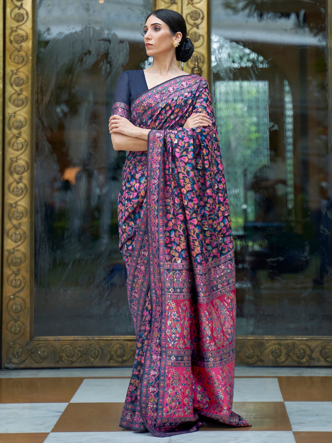 Mitera Navy Blue & Pink Floral Zari Silk Blend Banarasi Saree - Distacart