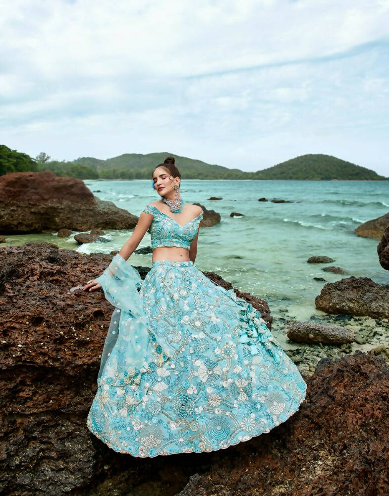 House of Panchhi Sky Blue Organza Sequins, Zarkan And Thread Embroidery Lehenga Choli & Dupatta - Distacart