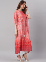 Thumbnail for Janasya Peach-Coloured Ethnic Motifs Dyed Thread Work Georgette Kaftan Kurta - Distacart