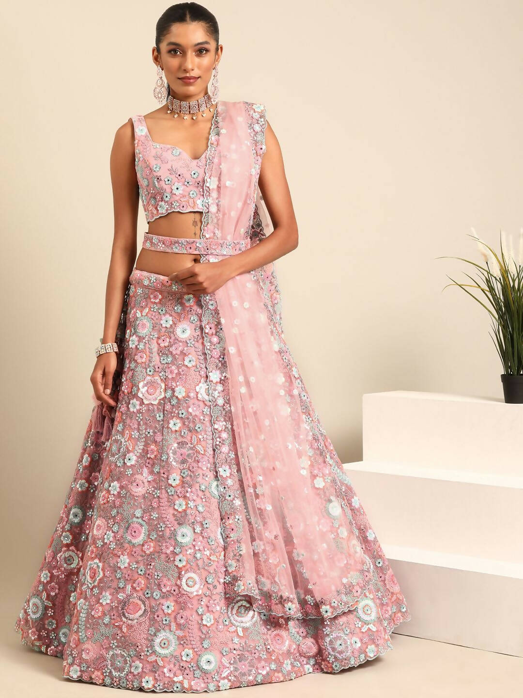 House of Panchhi Pink Net Sequins, Mirror and thread embroidery Lehenga choli & Dupatta - Distacart