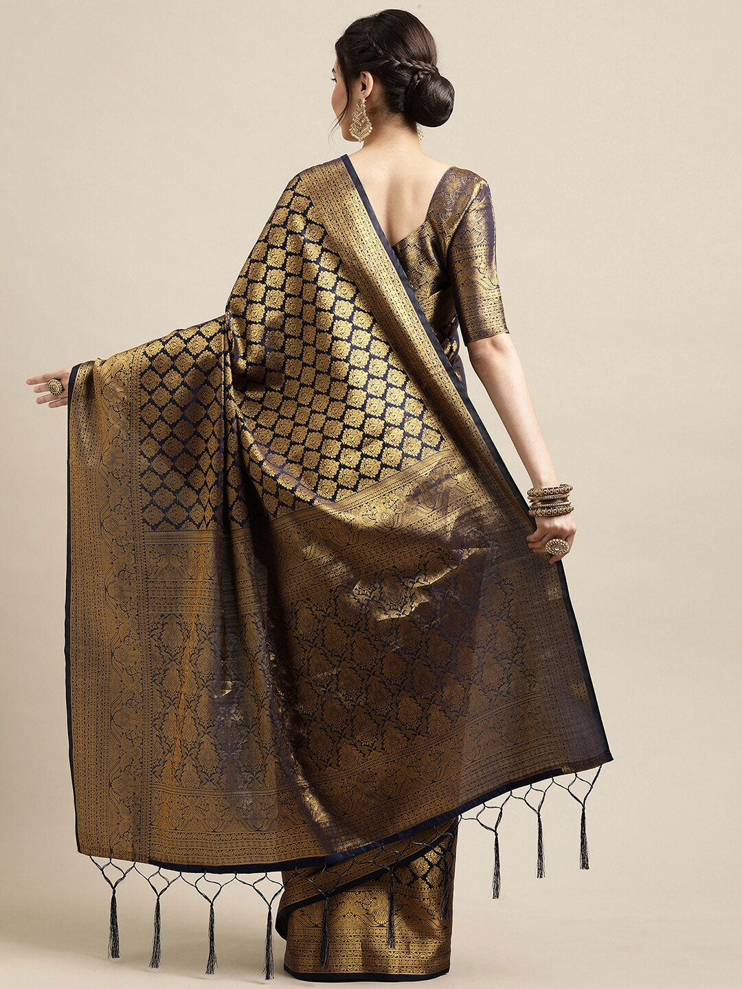 Saree Mall Navy Blue & Gold-Toned Ethnic Motifs Zari Silk Blend Banarasi Saree - Distacart