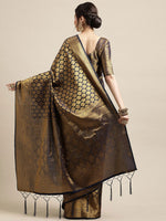 Thumbnail for Saree Mall Navy Blue & Gold-Toned Ethnic Motifs Zari Silk Blend Banarasi Saree - Distacart