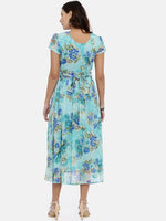 Thumbnail for Souchii Sea Green & Blue Floral Printed A-Line Dress - Distacart